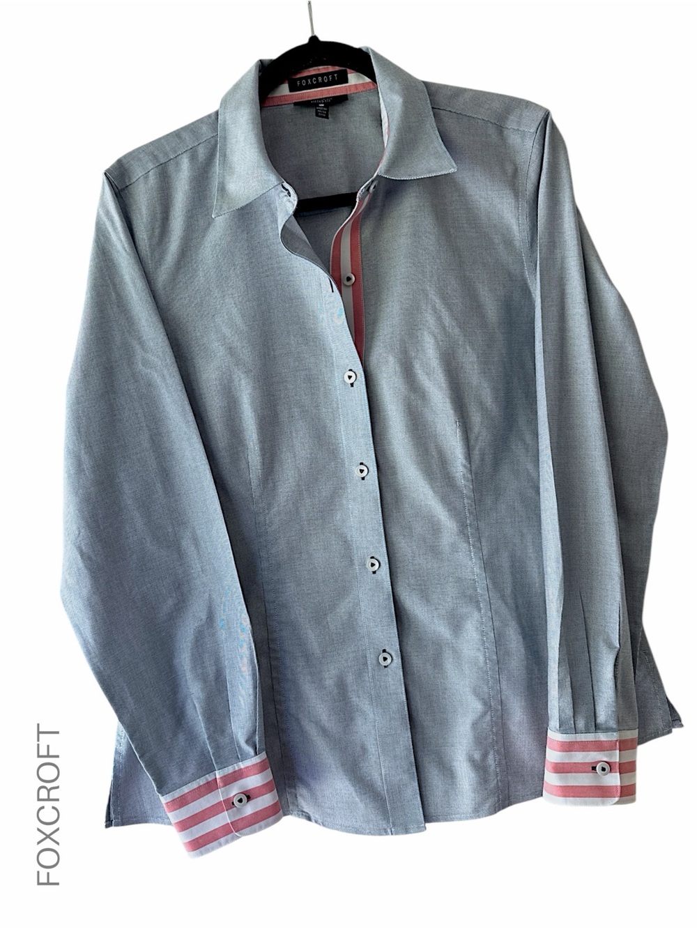 FOXCROFT NWOT BUTTON DOWN LIGHT BLUE SHIRT STRIPED CUFFS & PLACKET NO IRON | 12